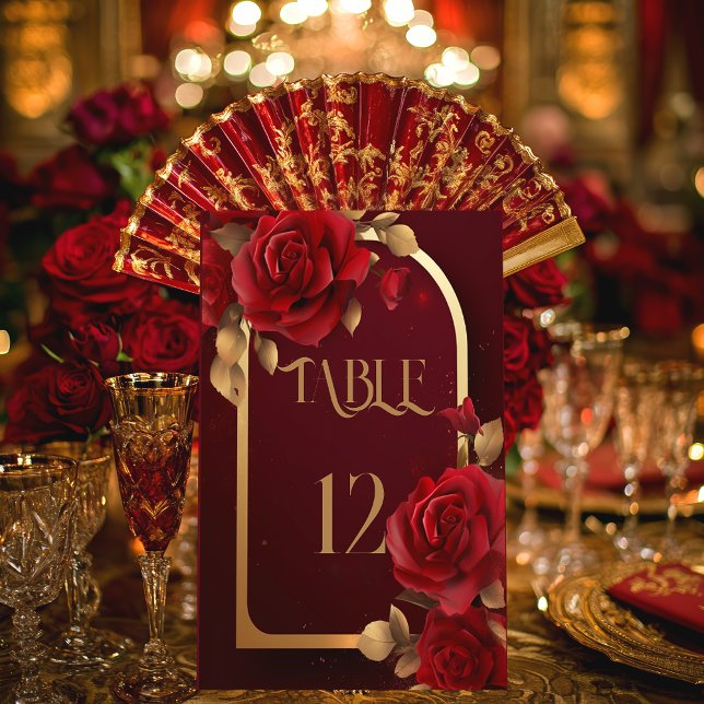 Expositor En L Boda elegante de Borgoña y Rústica del Oro (Elegant Burgundy Red Rose Table Number Pedestal Sign)