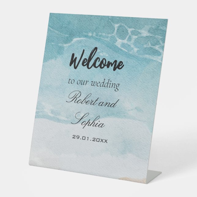 Expositor En L Boda en la playa azul veraniega Rótulo Pedestal (Anverso)