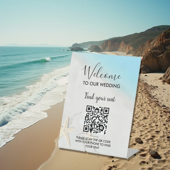 Expositor En L Boda en la playa del océano tropical (Tropical ocean beach wedding pedestal sign. You can scan the QR code to find your seat.)