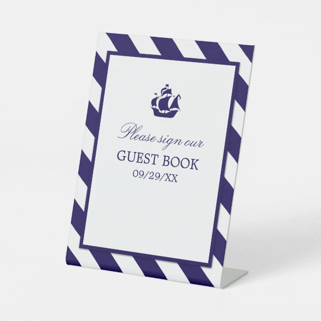 Expositor En L Boda Nautical Stripes & Navy Blue Ship (Anverso)