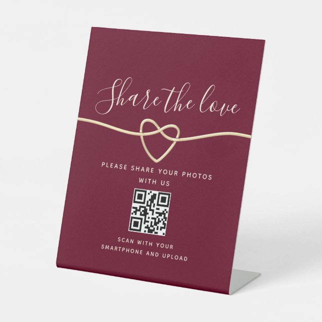 Expositor En L Boda Rojo Borgoña Código QR Rótulo Pedestal (Anverso)