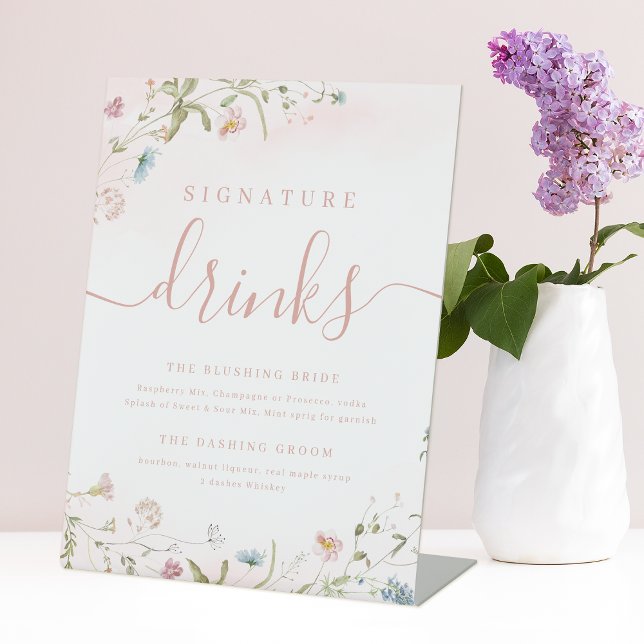 Expositor En L Boda rústico con flores silvestres rosadas (Pink Wildflower rustic Wedding Signature Drinks Pedestal Sign)