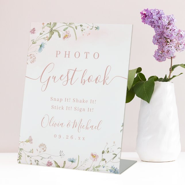 Expositor En L Boda rústico con flores silvestres rosadas - Libro (Pink Wildflower rustic Wedding Photo Guest Book Pedestal Sign)