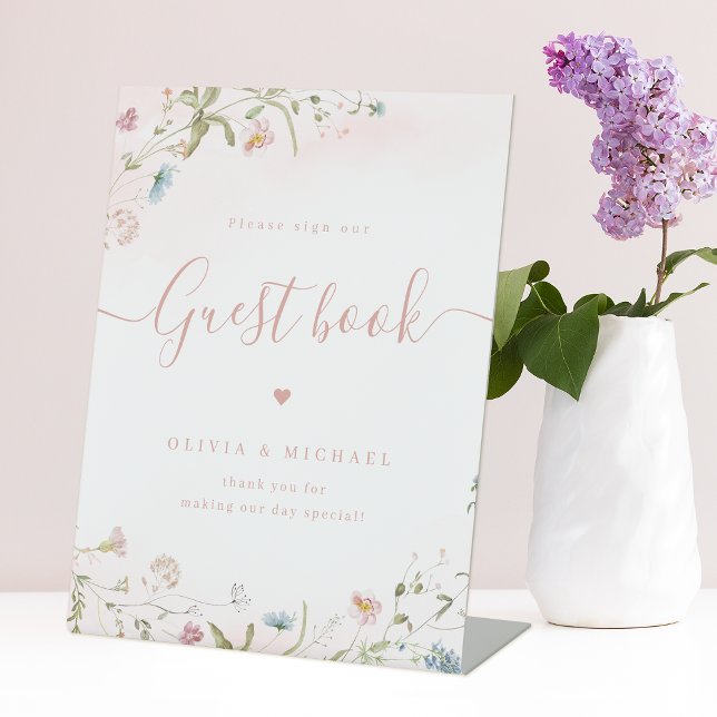 Expositor En L Boda rústico de guion de flores silvestres rosadas (Pink Wildflower script rustic Wedding Guest Book Pedestal Sign)