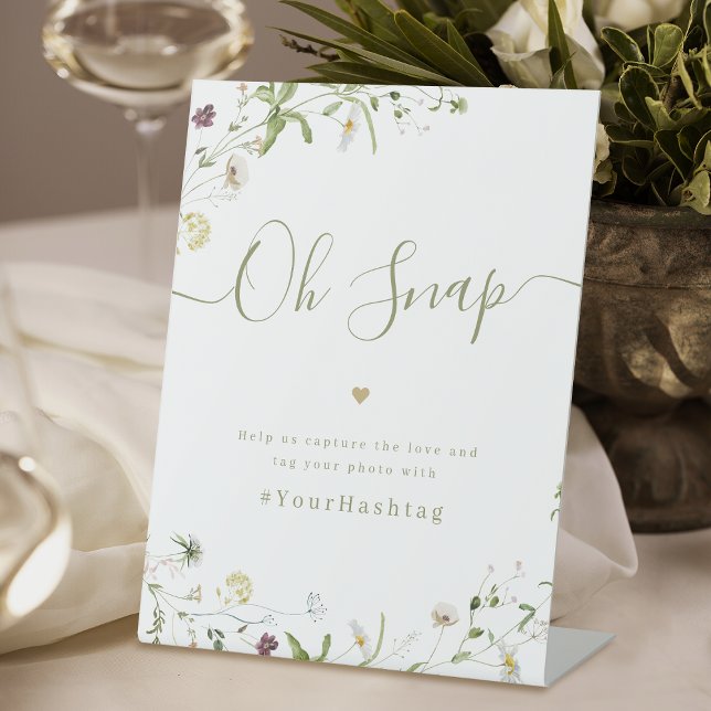 Expositor En L Boda rústico del guión de Boho Wildflower Oh Snap (Boho Wildflower script rustic Wedding Oh Snap Pedestal Sign)
