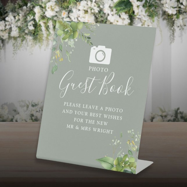 Expositor En L Boda Verde del Libro de Invitados Greenery Sage (Photo Guest Book Greenery Sage Green Wedding Pedestal Sign)
