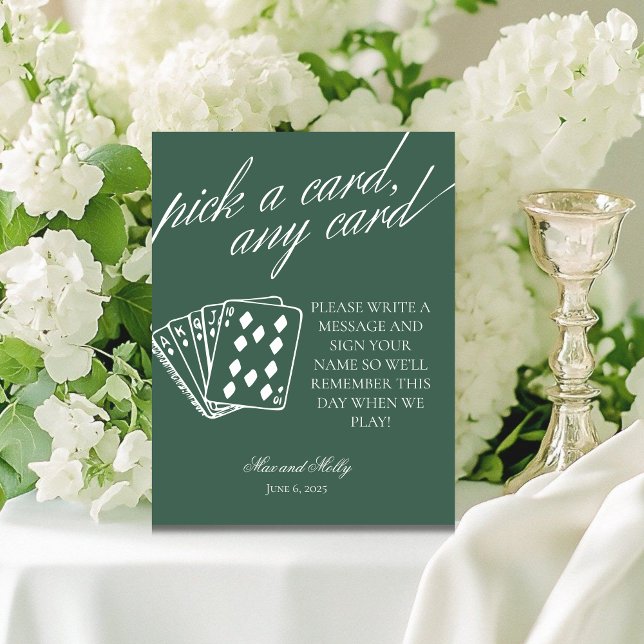 Expositor En L Boda verde moderno jugando cartas Rótulo Pedestal (Add a fun touch to your wedding or event with this modern serif playing cards guest book sign.)
