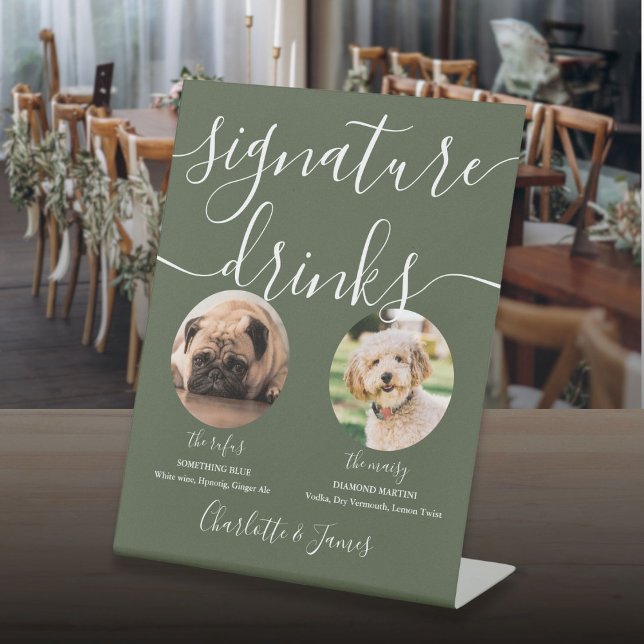Expositor En L Boda verde oliva Mascota perro firma bebidas (Olive Green Wedding Pet Dog Signature Drinks Pedestal Sign)