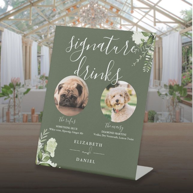 Expositor En L Boda verde oliva Mascota perro firma bebidas (Olive Green Wedding Pet Dog Signature Drinks Pedestal Sign)