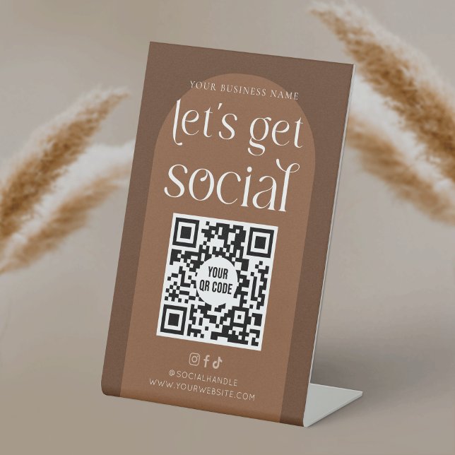 Expositor En L Boho Terracotta Business Social Media Código QR (Modern boho social media sign with QR code, featuring earthy terracotta tones and a minimal design)