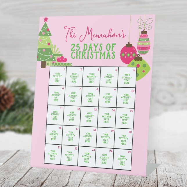 Expositor En L Bonito en rosa 25 días de actividad de Navidades (25 Days of Christmas Holiday Activity Pedestal Sign. Pretty in Pink Design, Other Designs Available)