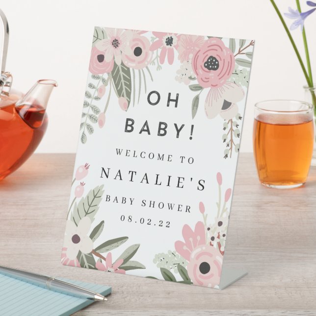 Expositor En L Bonito Floral rosa Baby Shower Bienvenida Pedestal (In Situ)