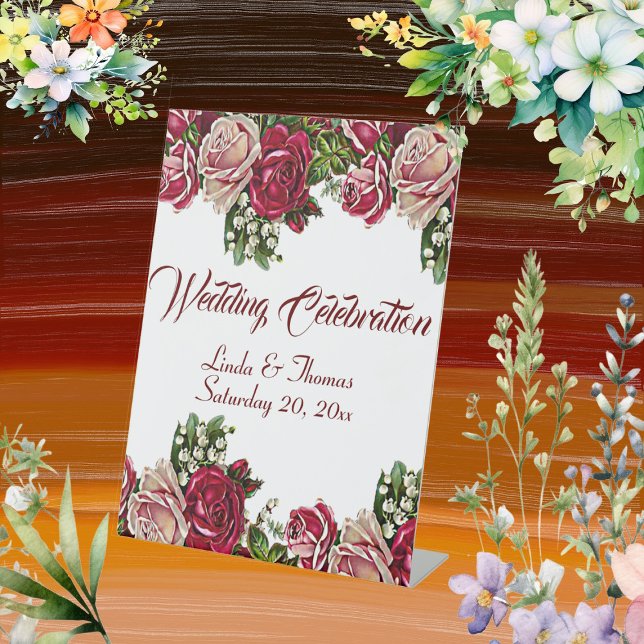 Expositor En L Borgoña Rosas Rústicos Rojos Floral Boda de campo (Burgundy Red Rustic Roses Floral Country Wedding Pedestal Sign)