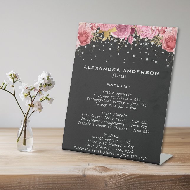 Expositor En L Botanical Pink Flowers Diamond Glitter Black Salon (Botanical Pink Flowers Diamond Glitter Black Salon Pedestal Sign)