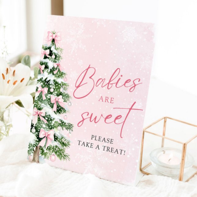 Expositor En L Bows Árboles de Navidad bebés son dulces, tómate u (Pink Bows Christmas Tree Babies Are Sweet Take a Treat Pedestal Sign)