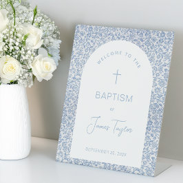 Expositor En L Boy Baptism Welcome Blue White Arch Floral Pattern