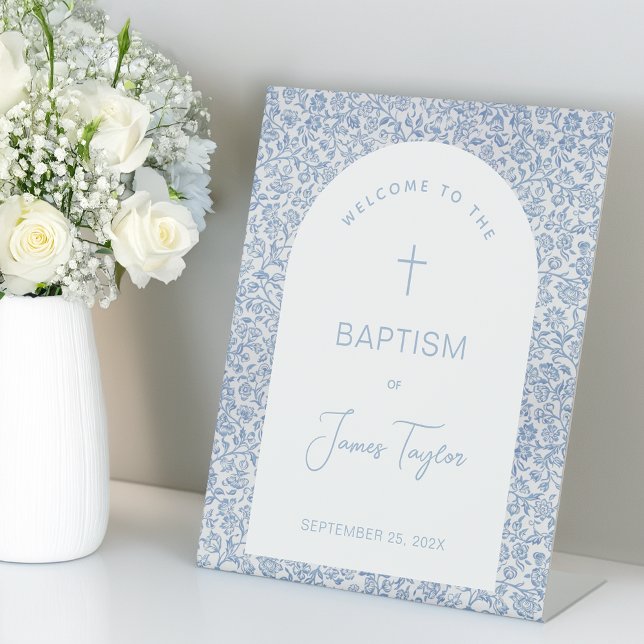 Expositor En L Boy Baptism Welcome Blue White Arch Floral Pattern (Subido por el creador)