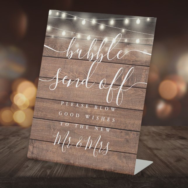 Expositor En L Burbuja desecha cadenas Enciende Madera Rusa (Bubble Send Off String Lights Rustic Wood Pedestal Sign)