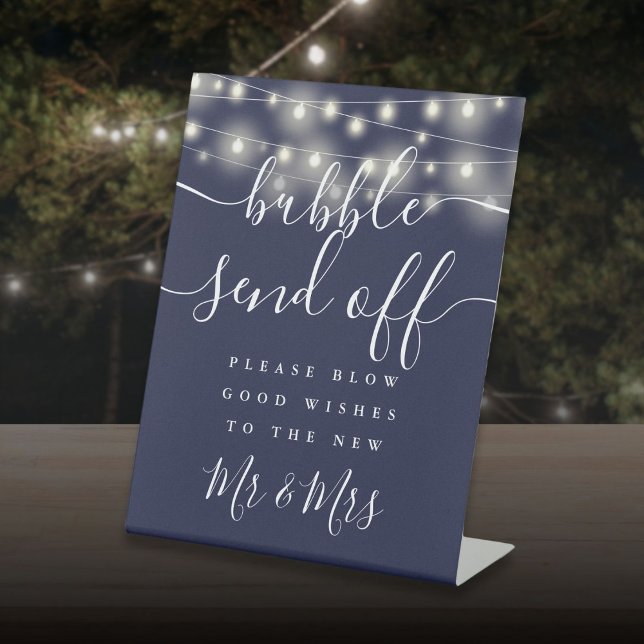 Expositor En L Burbuja desecha las luces de cadena Azul de la Mar (Bubble Send Off String Lights Navy Blue Pedestal Sign)