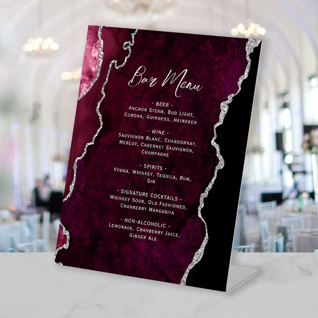 Expositor En L Burgundy Silver Agate Wedding Bar Menu (Subido por el creador)