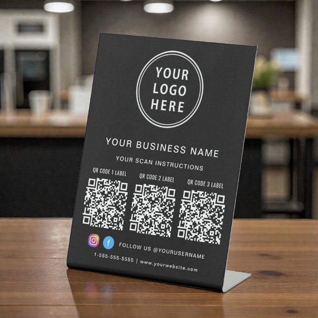 Expositor En L Business Logo 3 QR Codes Social Media Black (Business Logo 3 QR Codes Social Media Black Pedestal Sign)