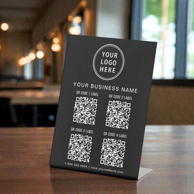 Expositor En L Business Logo 4 QR Codes Black (Business Logo 4 QR Codes Black Pedestal Sign)