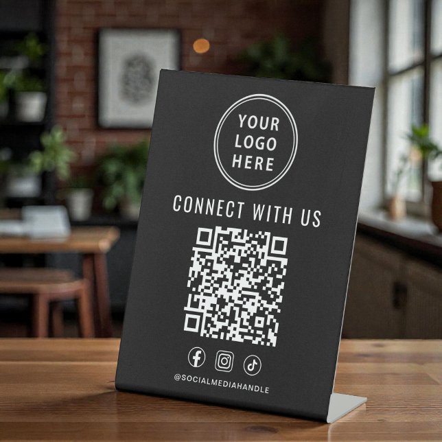 Expositor En L Business Logo QR Code Black Tabletop (Business Logo QR Code Black Tabletop Pedestal Sign)