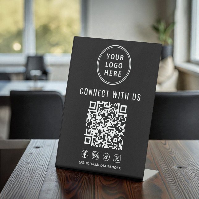 Expositor En L Business Logo QR Code Black Tabletop (Business Logo QR Code Black Tabletop Pedestal Sign)