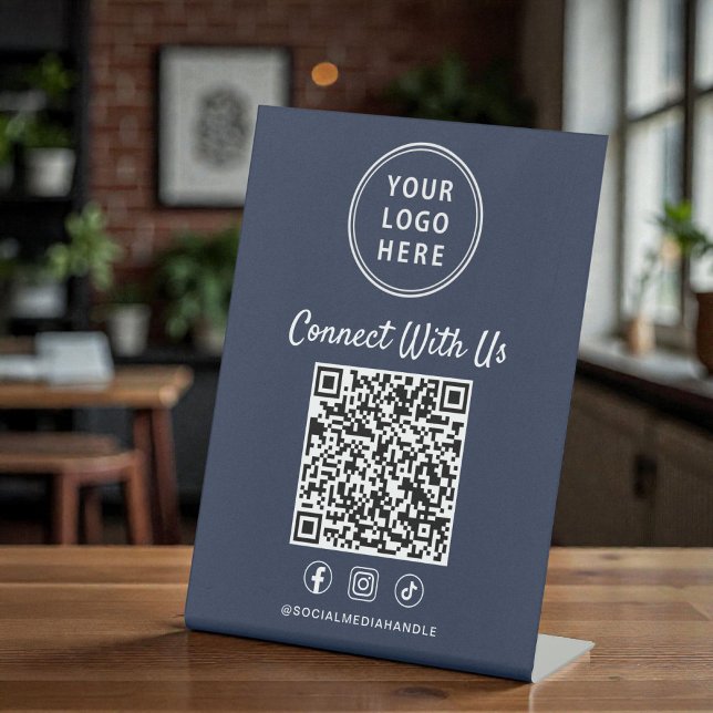 Expositor En L Business Logo QR Code Blue Tabletop (Business Logo QR Code Blue Tabletop Pedestal Sign)