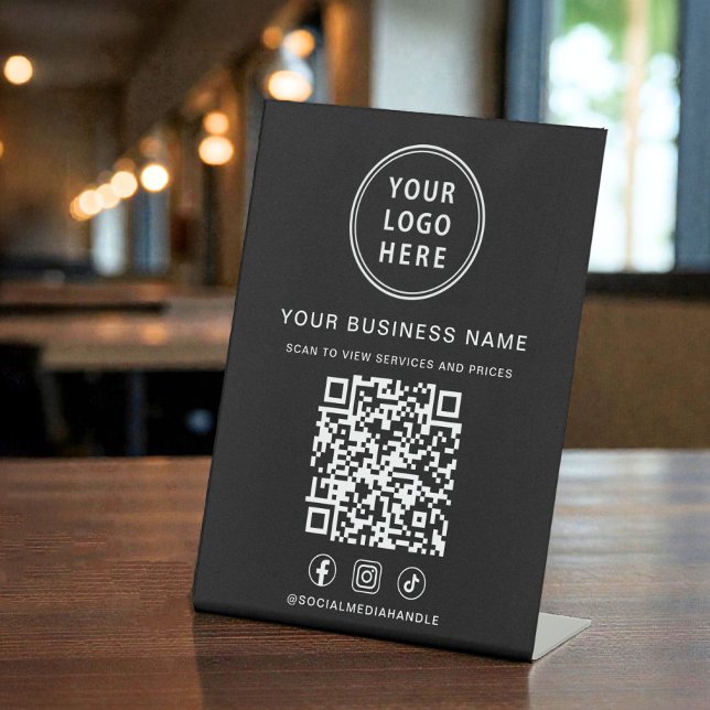 Expositor En L Business Logo QR Code Social Media Black (Business Logo QR Code Social Media Black Pedestal Sign)