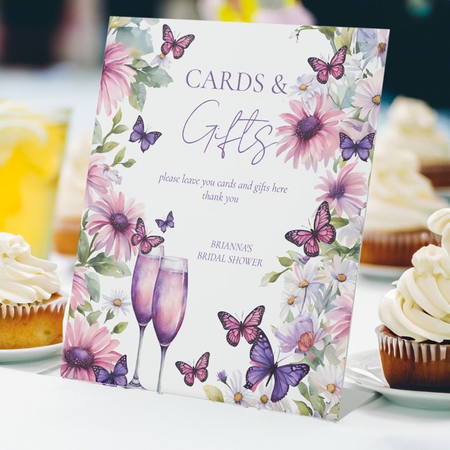 Expositor En L Butterflies regalos morados de ducha de novia (Lifetime of Butterflies purple pink daisies bridal shower gifts and cards pedestal sign template)