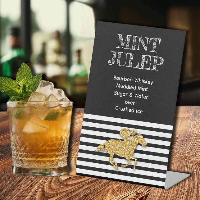 Expositor En L Caballo de oro Mint Julep (Gold racehorse on black and white stripes mint julep pedestal sign)