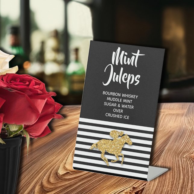 Expositor En L Caballo de oro Mint Julep Bridal Shower (Gold racehorse Derby-theme bridal shower MINT JULEPS tabletop pedestal sign)