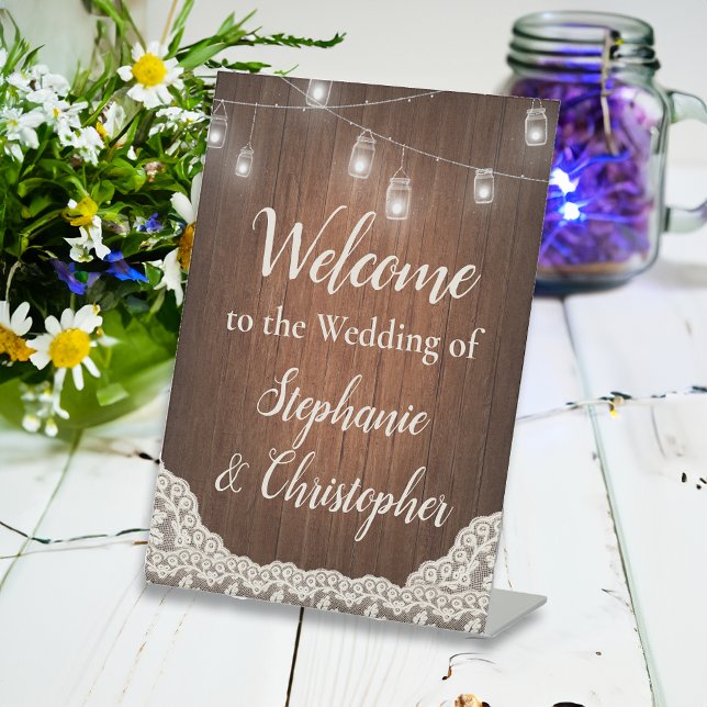Expositor En L Cadena Ilumina Bienvenida a Guión Rústico De Mader (vintage wedding welcome sign)