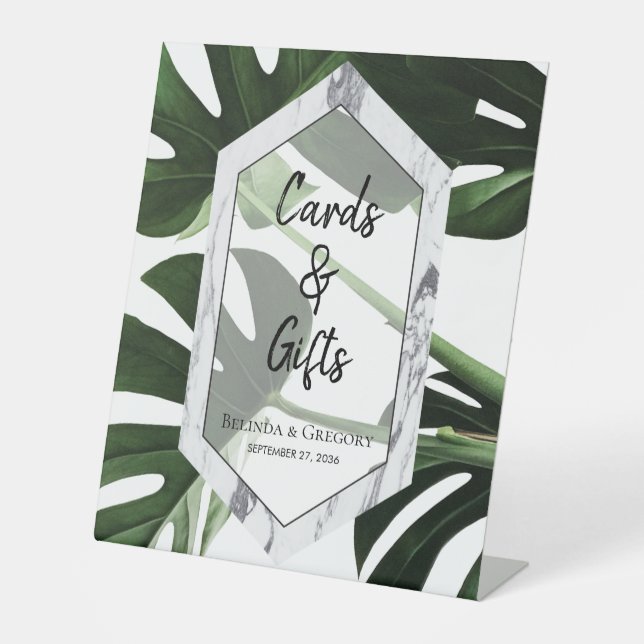 Expositor En L Cartas y regalos de boda de mármol de Monstera tro (Anverso)