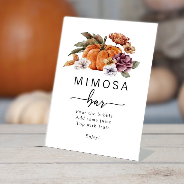 Expositor En L Cartel de otoño de Mimosa para bar (Fall Pumpkin Floral Bridal Shower Mimosa Bar Table Top Pedestal Sign by Painted Paperie
)