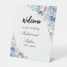 Expositor En L Cartel de pedestal de boda floral azul polvoriento