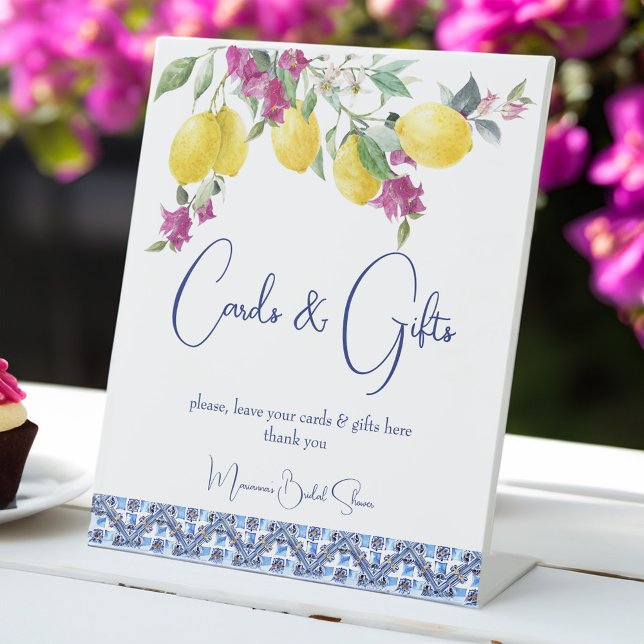 Expositor En L Cartel de regalos de buganvillas de limones italia (VIntage Italian maiolica blue tiles lemons bougainvillea bridal shower wedding gifts table sign)