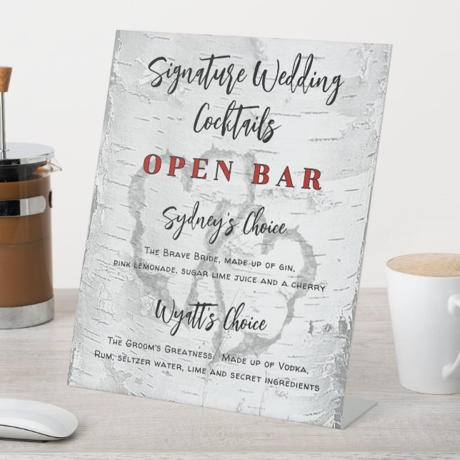 Expositor En L Carved Hearts Birch Wedding Bar Signature Drinks (In Situ)