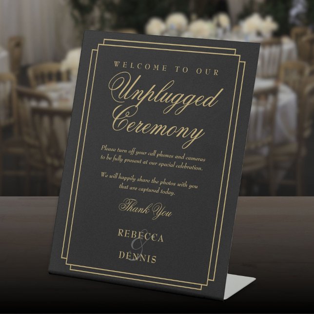 Expositor En L Ceremonia de Bodas sin conexión de Art Deco Negro  (Black And Gold Art Deco Unplugged Wedding Ceremony Pedestal Sign)