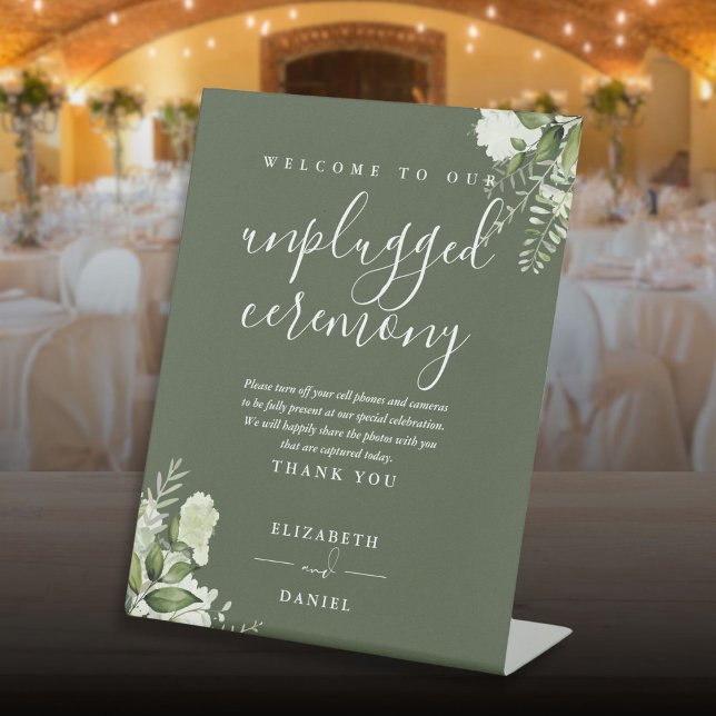 Expositor En L Ceremonia de Floral de Olive Green Greenerenerener (Olive Green Greenery Floral Unplugged Ceremony Pedestal Sign)