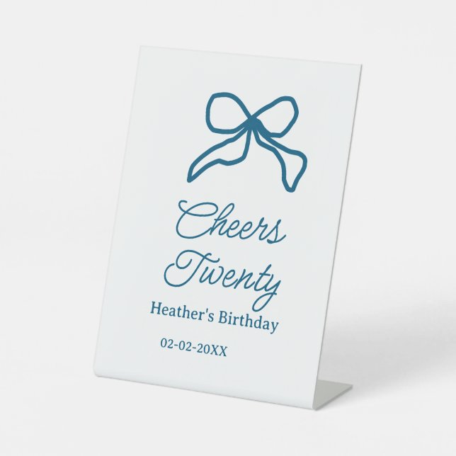 Expositor En L Cheers twenty blue birthday bow name date boho ret (Anverso)