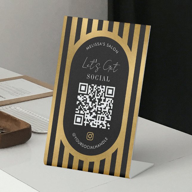 Expositor En L Chic Black & Gold Stripes Social Media QR Code (Subido por el creador)