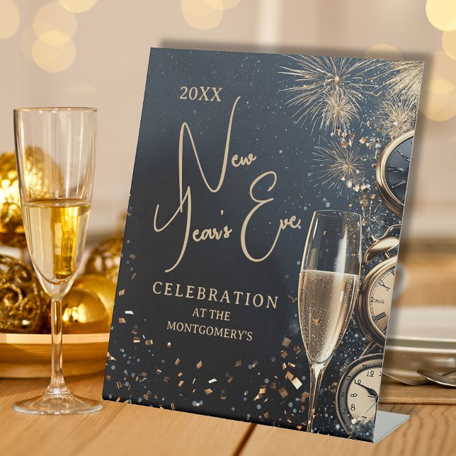 Expositor En L Chic Champagne Time New Year's Eve Party (Chic Champagne and Clocks New Year's Eve party table pedestal sign)