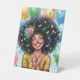 Expositor En L Chica de cumpleaños con piel marrón y afro