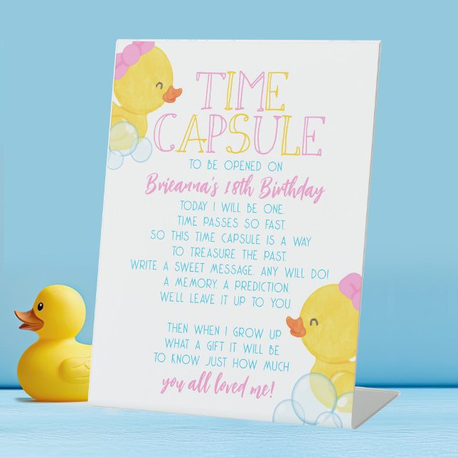 Expositor En L Chica Tiempo Cápsula Pato de caucho Primer Fiesta  (Girl Watercolor Rubber Duck Time Capsule Party Sign for Ducky 1st Birthday)