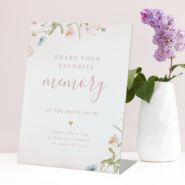 Expositor En L Chorro de flores silvestres rosadas boho comparte  (Pink wildflower boho share a memory bridal shower pedestal sign)