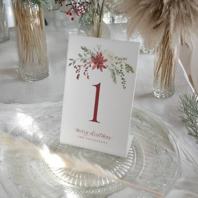 Expositor En L Christmas Table Numbers Elegant Berries Greenery (Elegant Christmas table number with watercolor red holly berries and greenery festive design.)