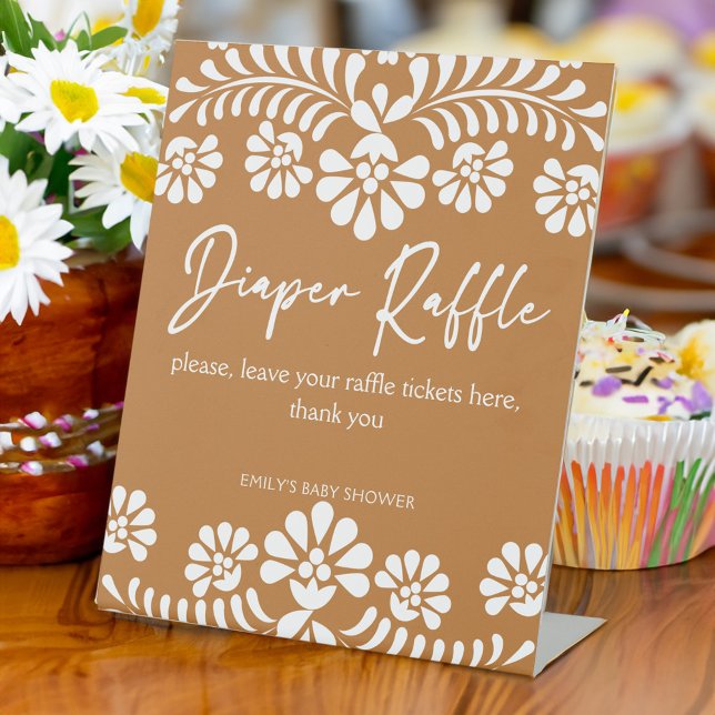 Expositor En L Cielito lindo terracota bebé ducha de pañales rifa (Cielito lindo terracotta Mexican fiesta Papel Picado  baby shower diaper raffle pedestal sign)
