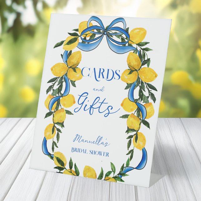 Expositor En L Cinta azul lemana lazo ducha de novia mesa de rega (Lemons blue bow ribbon retro Italian bridal shower gifts table personalized pedestal sign)